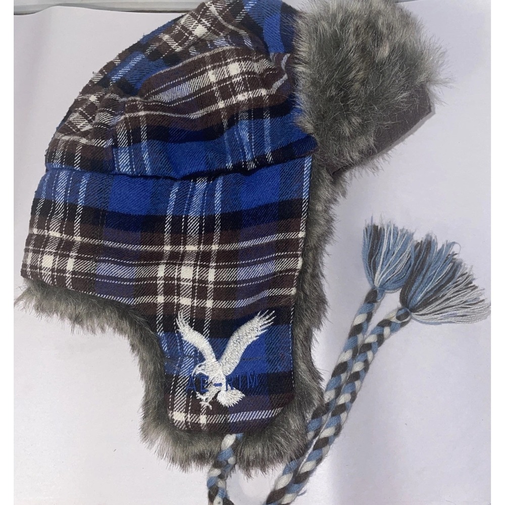 American Eagle Trapper Hat Faux Fur Hat Blue Brown Plaid Ear Flaps Warm L/XL